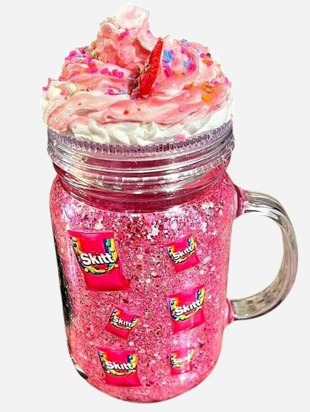 Handcrafted Skittles Milkshake 20oz Glitter Mason Jar Mug Tumbler Candy Pink - Picture 2 of 5